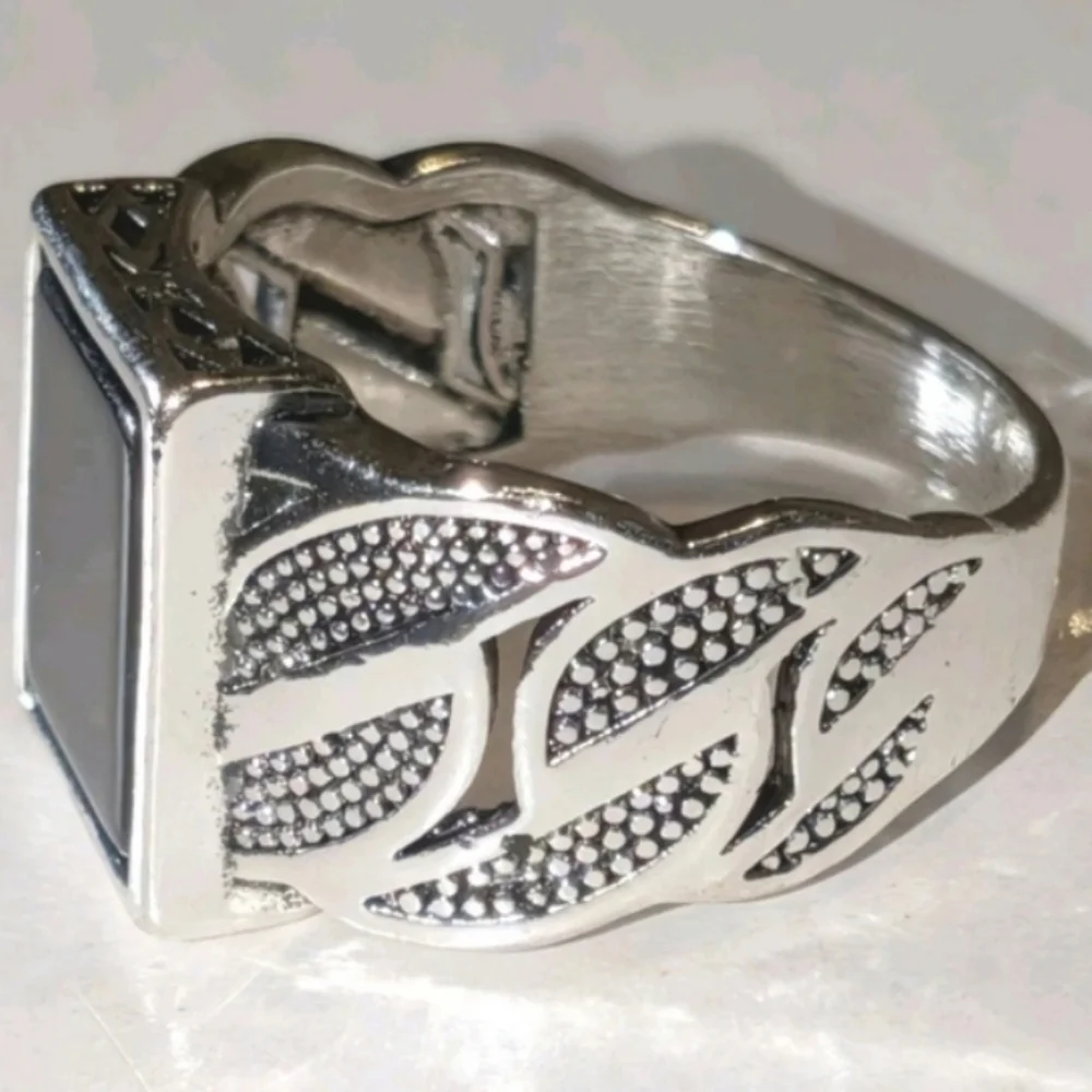 14k White gold Plated Over Sterling silver Turkish Gemstone Black Onyx Mens Ring